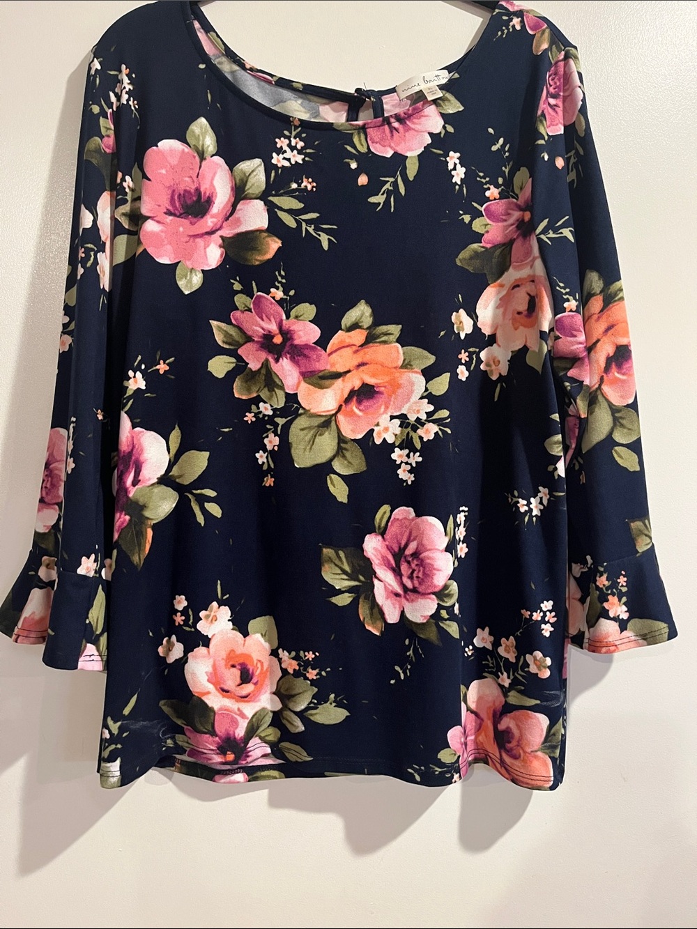 Stitch Fix Navy Floral Long-Sleeve Women's Blouse with Pink Rose Print